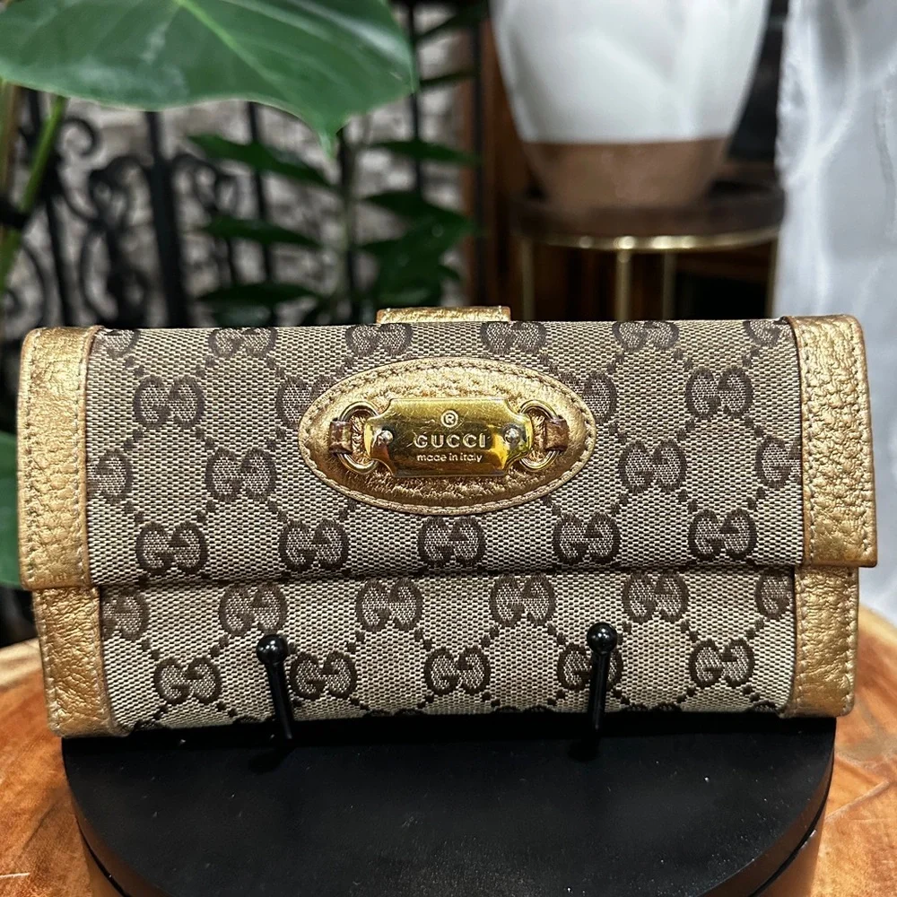 Gucci GG Canvas Metallic Gold Continental Wallet w/ Box and Unbranded Chain - Picture 3 of 12